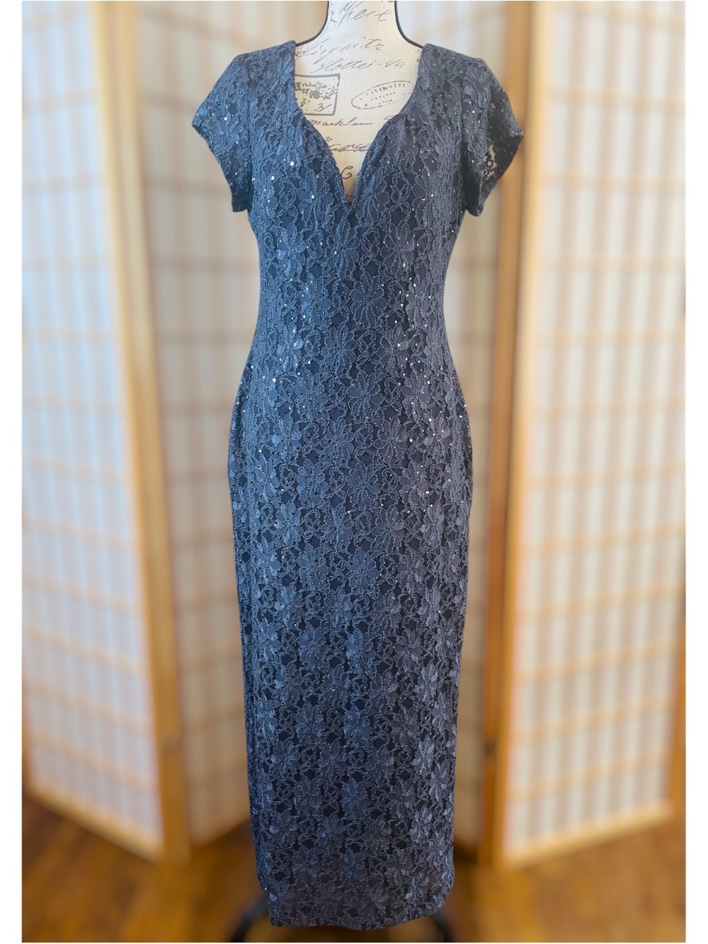 Connected Apparel Blue Sequin Lace Maxi Dress Size 10 Sparkly Formal Evening